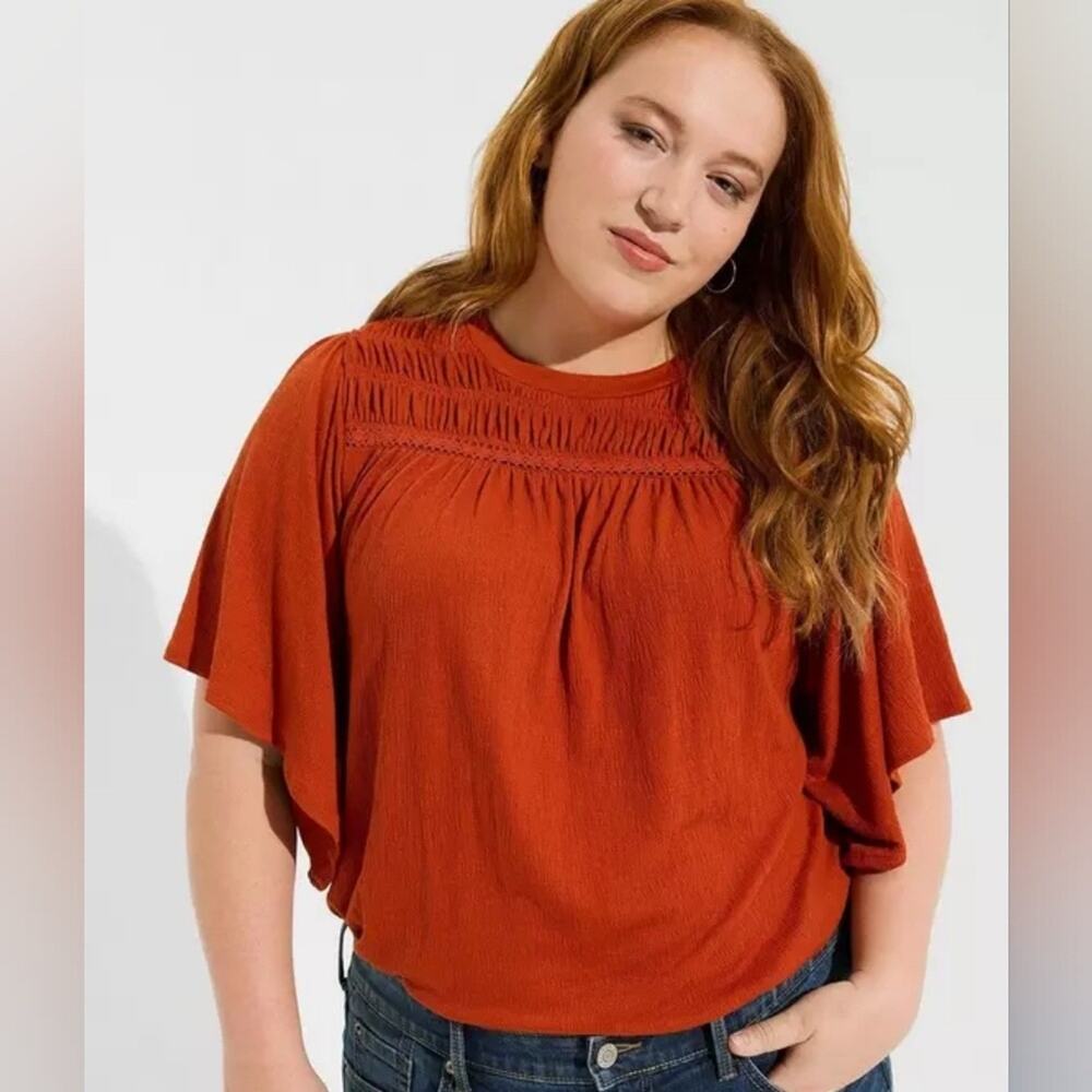 Torrid Top 3X Orange Knit Crewneck Smocked Flutter Sleeve Slub Gauze